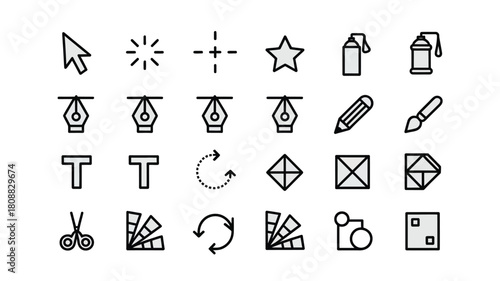 A collection of graphic design icons and symbols is displayed on a white background.