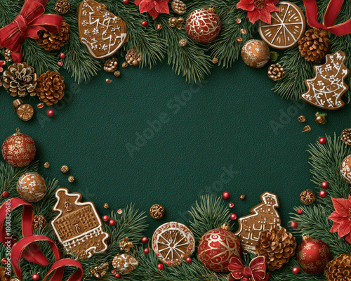 Detailed Christmas border with gingerbread, pine cones, golden ornaments, and red ribbons on a deep green background