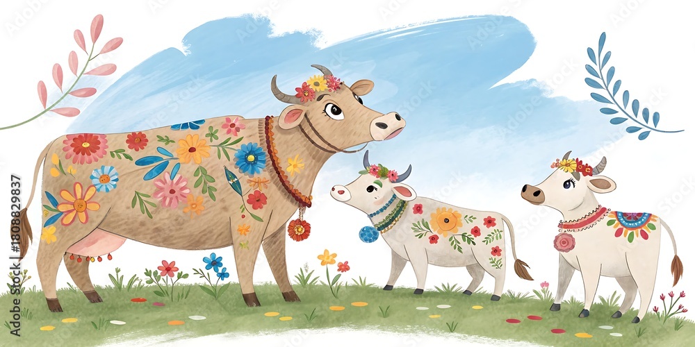 Fototapeta premium Whimsical cows adorned with colorful flowers in a meadow