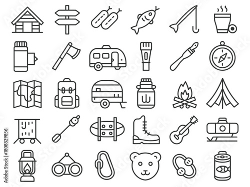 A collection of camping and outdoor activity icons for travel and leisure.