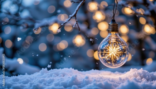 Decorative Light Bulb Hanging from Tree Branch in Snowy Winter Landscape with Bokeh Effect