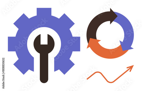Gear with wrench for tools and solutions, circular arrows for iterative cycles, upward graph line for progress. Ideal for productivity, process optimization, strategy, growth, improvement