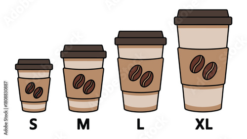 A set of four disposable coffee cups in different sizes, labeled S, M, L, and XL.
