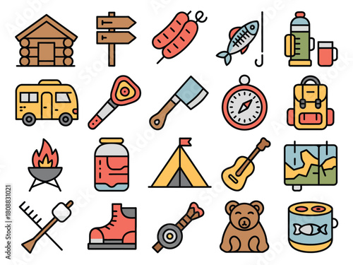 A collection of colorful icons representing various camping and outdoor activities.