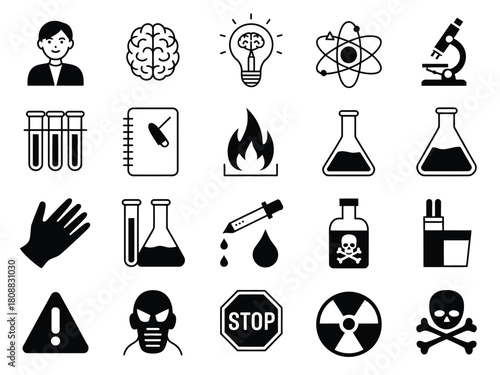 A collection of science and safety icons including a brain, beaker, and hazard symbols.