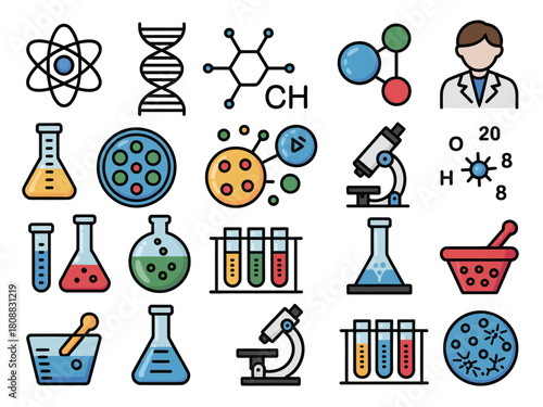 A collection of scientific icons represents concepts of chemistry and biology
