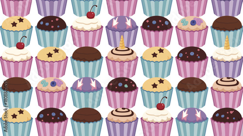 A colorful assortment of decorative cupcakes fills the entire frame with vibrant patterns.