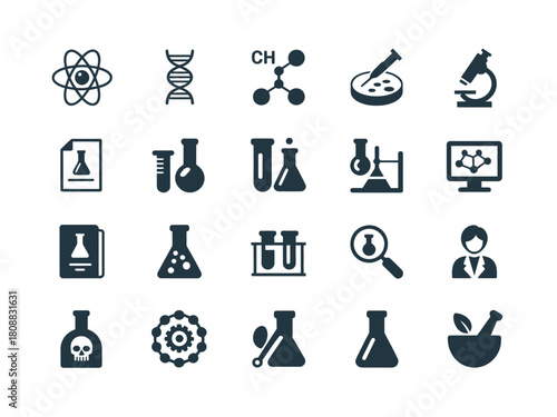 Collection of science and laboratory icons representing research and discovery