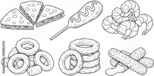 Hand-drawn outline illustration set featuring fried snacks including onion rings, shrimp, corn dog, quesadilla slices and crispy fast food items