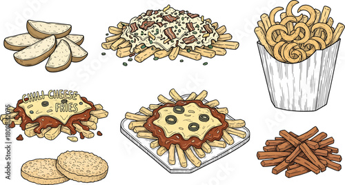 Colorful fast food fries illustration set featuring loaded fries, chili cheese fries, curly fries, wedges and assorted fried potato snacks