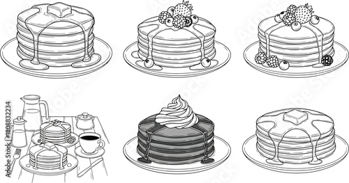 Hand-drawn pancake illustration collection featuring stacked pancakes with syrup, butter, fruit toppings and a classic breakfast table setup