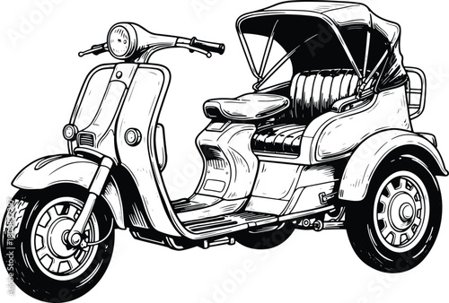 Hand-drawn vintage scooter rickshaw illustration featuring a retro three-wheeler vehicle in detailed outline vector style