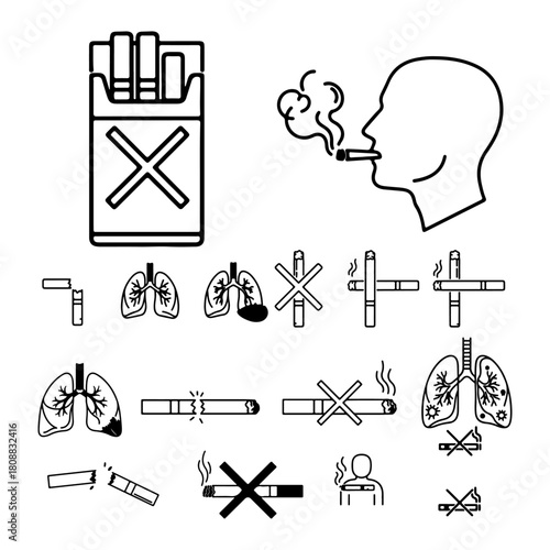 Cigarette cross mark No smoking signage line art icons. cigarette with cross, cigarette inside red circle, broken cigarette icon, smoke rising crossed out,