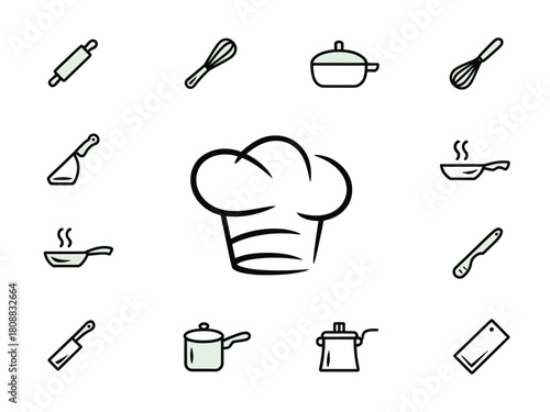 A collection of culinary icons including a chef's hat, pots, pans, and knives.