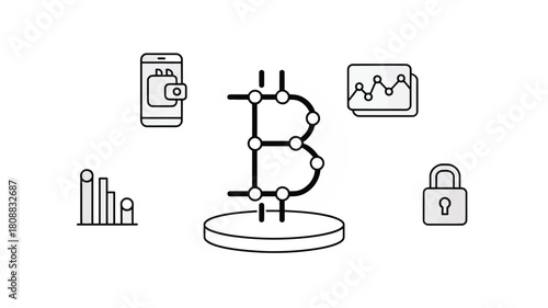 Bitcoin cryptocurrency icon surrounded by related financial and security symbols.