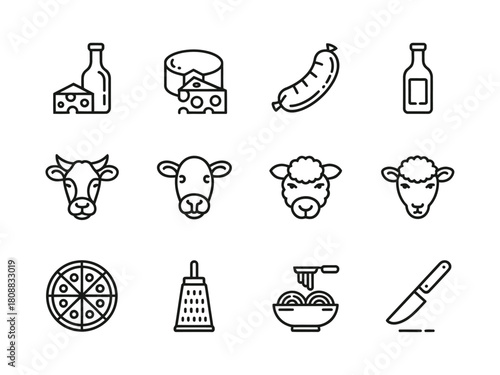 Collection of food and animal icons including cheese, sausage, pizza, and farm animals.