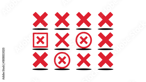 Red cross marks on a white background with some enclosed in shapes.