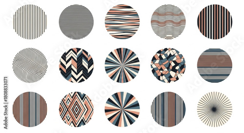 Modern abstract circular patterns collection for elegant designs and visual art projects, perfect for backgrounds, textiles and creative projects