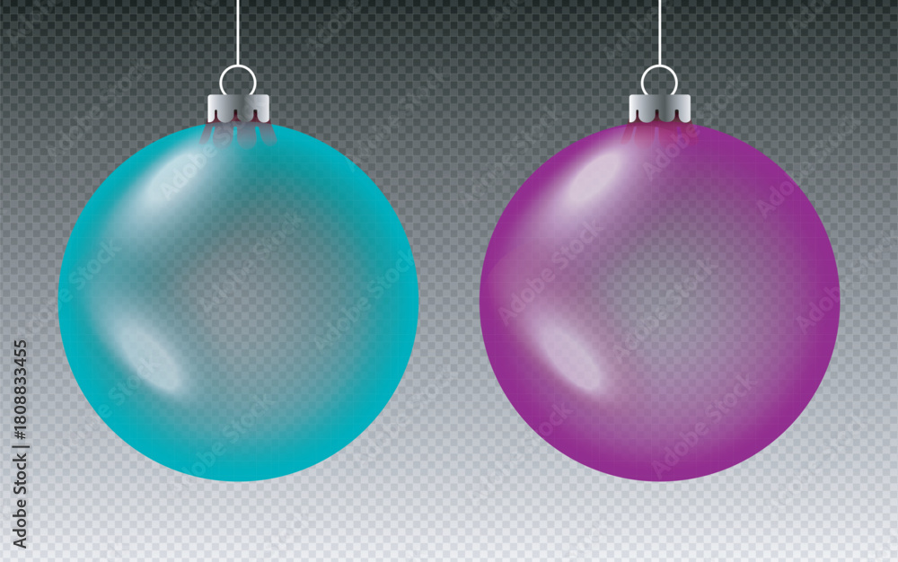 Fototapeta premium Two glistening hanging christmas ornaments teal and purple against transparency