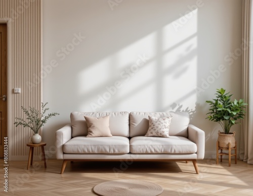 Modern Living Room Interior Featuring Cozy Sofa and Natural Elements with Soft Light and Shadows