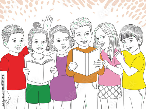 A diverse group of children happily reading books together, symbolizing education and joy.