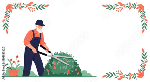 Delightful garden scene featuring a senior gardener trimming a bush with shears, framed by elegant floral accents for greeting cards and spring promotions