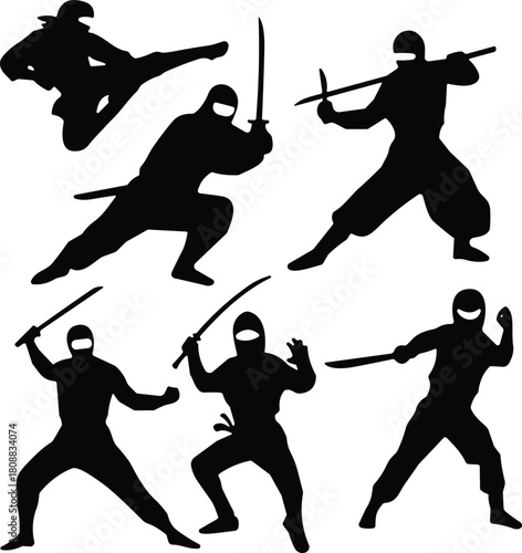 Ninja silhouettes, martial arts poses, weapon stances, combat action, stealth movement, black icons, traditional attire, fighting skill, agility, discipline