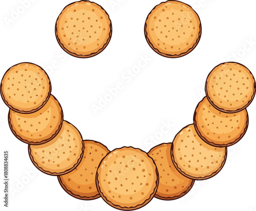 Illustration of cookies arranged in a smiley face on a white background with a playful and cheerful mood.