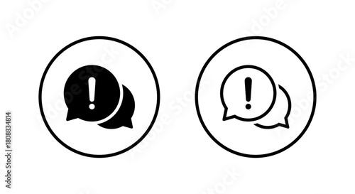 Chat alert icon in circular outline. Message bubble with exclamation mark symbol