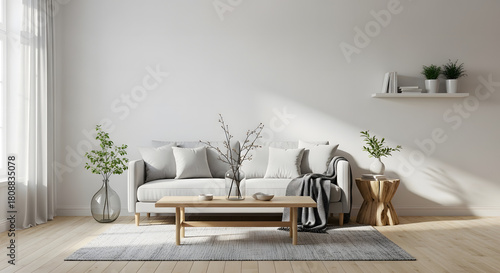 Minimalist and bright living room interior with white sofa, cushions, wooden coffee table, large window, and natural plants creating a tranquil atmosphere.