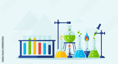 A flat design illustration of a chemistry laboratory with colorful chemicals in flasks, beakers, and test tubes for a science experiment.