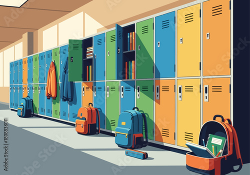 Interior view of a school hallway with colorful lockers, backpacks, and open doors.