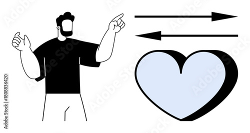 Man gesturing towards a large heart with opposite directional arrows above, symbolizing love, relationship dynamics, connection, mutual exchange, emotional feedback, decision-making, communication