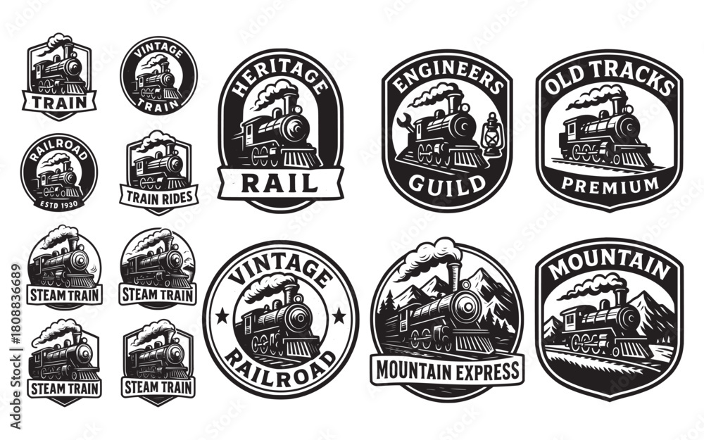 Obraz premium Vintage Steam Train Logo Set – Retro Railroad Badge Collection with Vintage Steam Train and Railroad Emblems Collection and Classic Steam Locomotive Emblem Pack for Branding