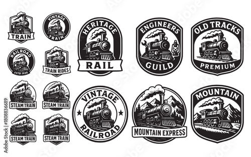 Vintage Steam Train Logo Set – Retro Railroad Badge Collection with Vintage Steam Train and Railroad Emblems Collection and Classic Steam Locomotive Emblem Pack for Branding