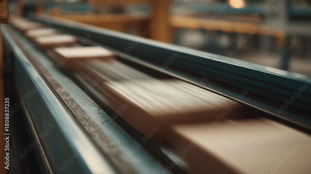 Fototapeta premium Close-up of a conveyor belt in a factory. the belt is made of metal and appears to be in motion, with the background blurred.
