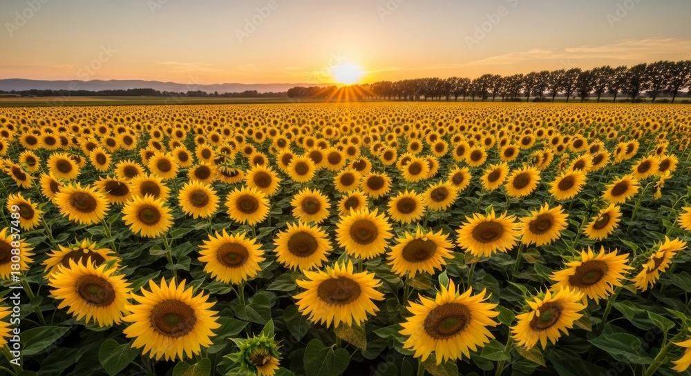 Fototapeta premium Golden Hour Sunset Over Vast Sunflower Field with Distant Mountains