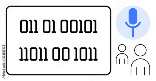 Binary numbers on a display, microphone icon, outlines of people highlighting technology, communication, programming, digital transformation, machine learning, AI development, collaboration in