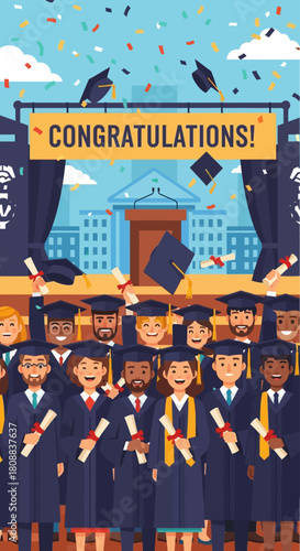 A diverse group of graduates celebrating their achievement with joy and excitement, tossing caps.