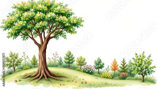 Lush Green Tree Surrounded by Colorful Flowers and Shrubs in a Serene Natural Landscape