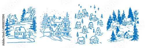 Hand drawn winter village illustration with snowy houses and festive seasonal landscape