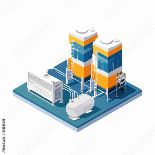 Isometric illustration of an industrial HVAC system showcasing tanks, pipelines, and a chiller unit, with a focus on cooling and energy efficiency