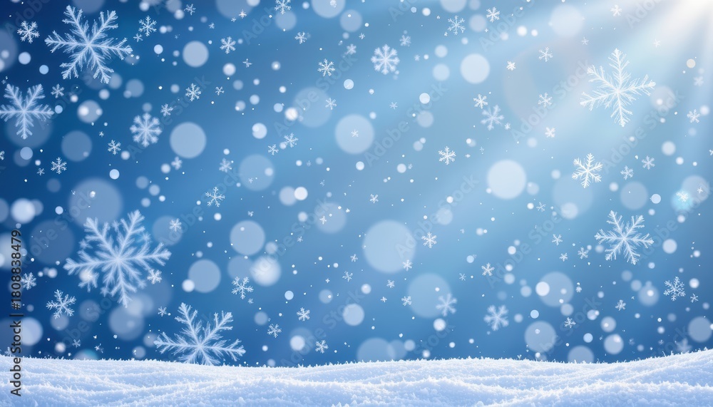 Naklejka premium Gentle Snowfall with Shimmering Snowflakes and Bokeh Effect against a Vibrant Blue Background
