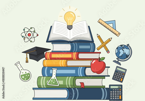 A vibrant cartoon illustration depicting a tall stack of colorful books with an open book and glowing light bulb, surrounded by various academic and scientific supplies.