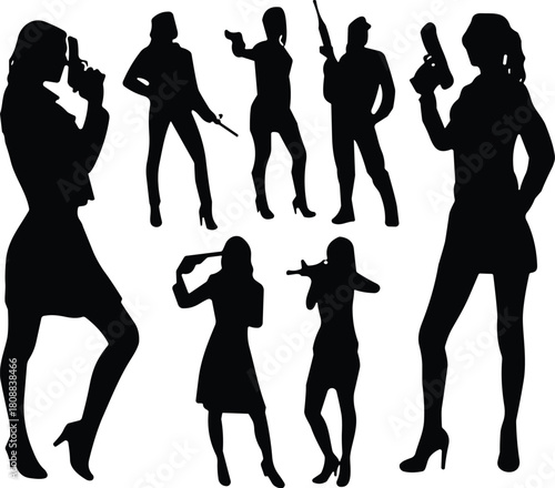 Spy silhouettes, action poses, gun stances, black icons, secret agent style, combat readiness, stealth movement, dramatic posture, weapon display, intrigue
