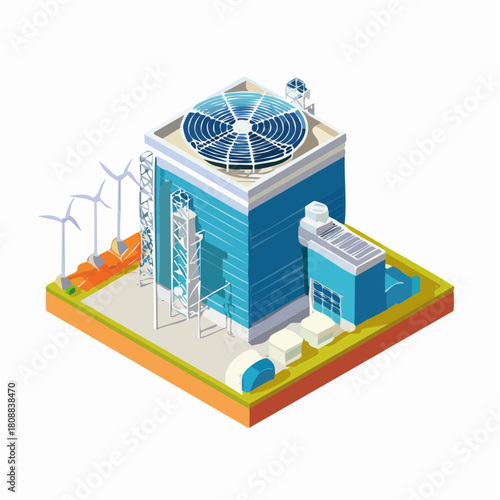 Isometric illustration of a modern industrial factory building with a large roof-mounted hvac system, solar panels, and wind turbines for green energy