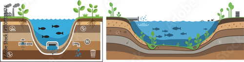 Scenic River Cross-Section Ecological Illustration