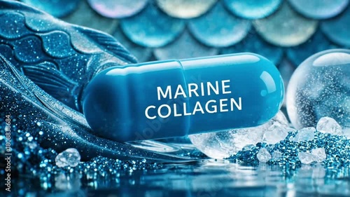 Marine Collagen Supplement Capsule with Water and Aqua Background