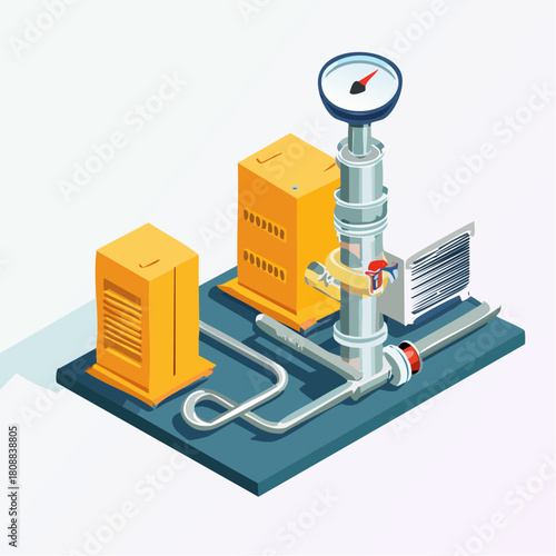 Isometric illustration of an HVAC system, including piping, gauge, and control panel for industrial building management in the modern facility