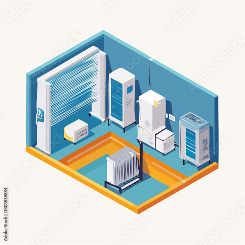 Isometric illustration of a modern data center server room with network equipment and a dedicated hvac cooling system for climate control